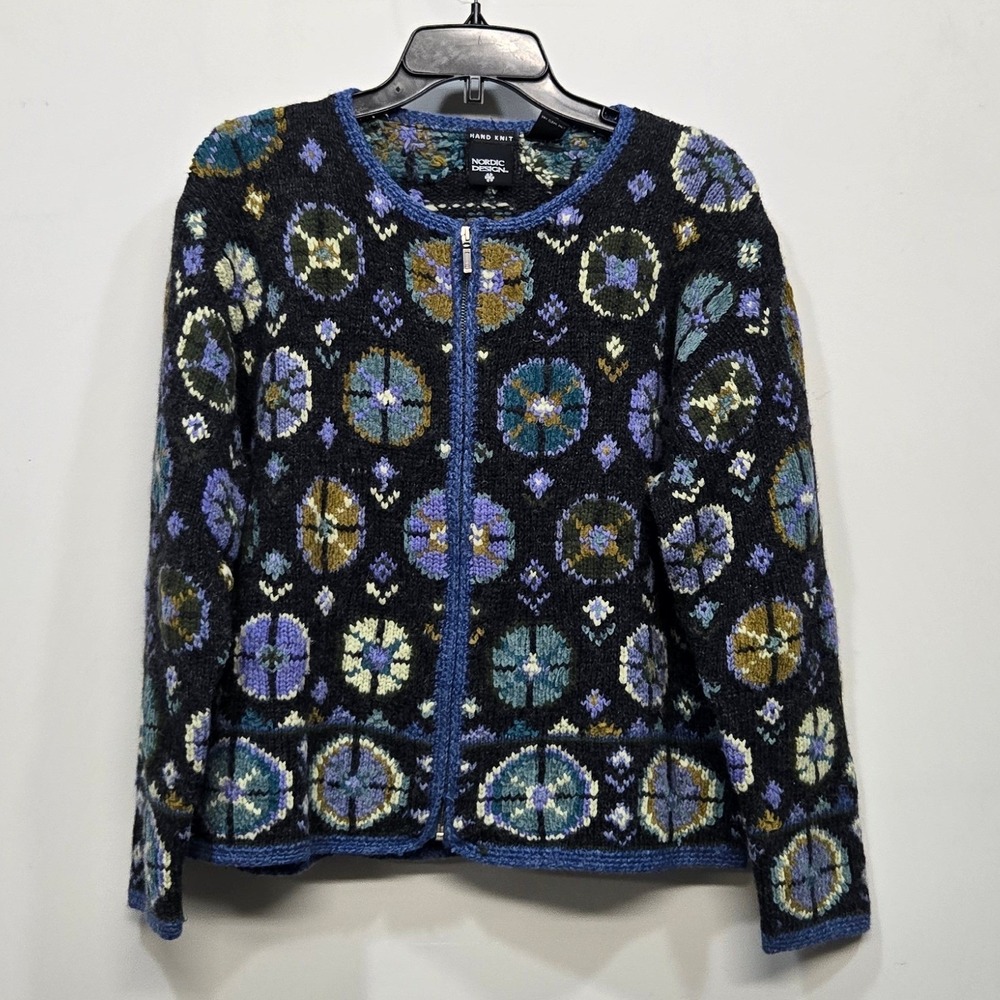 Nordic Design Hand Knit Wool Cardigan Sweater Large Full Zip Fair Isle Cottage